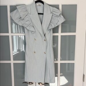 Double-Breasted Ruffle Sleeve Light Blue Denim Dress